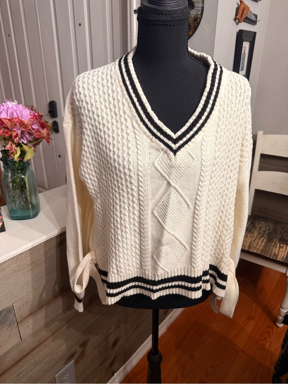 Preppy knit rag & bone Cream V-Neck Cable Knit Sweater with Black Stripe Trim